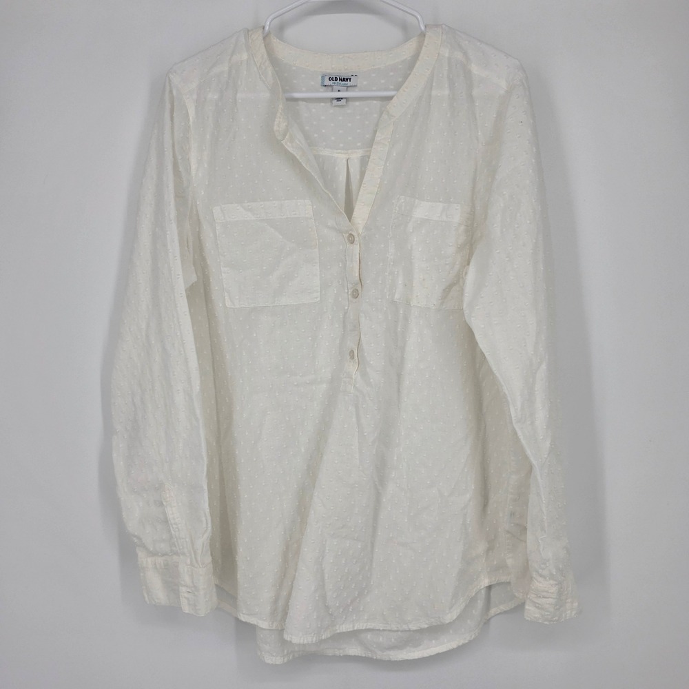 Old Navy‎ Swiss Dot Henley Blouse XL White Cottagecore Boho Long Sleeve Top